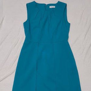 CALVIN KLEIN TEAL SLEEVELESS DRESS, PLEATED NECKLINE, OVERLAPPING SKIRT PANELS 6